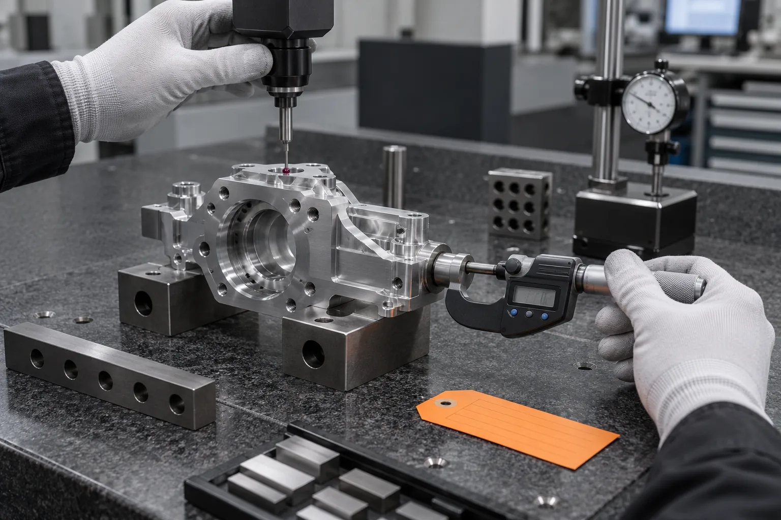 Strip parts, clusters and machined part trays on a inspection table