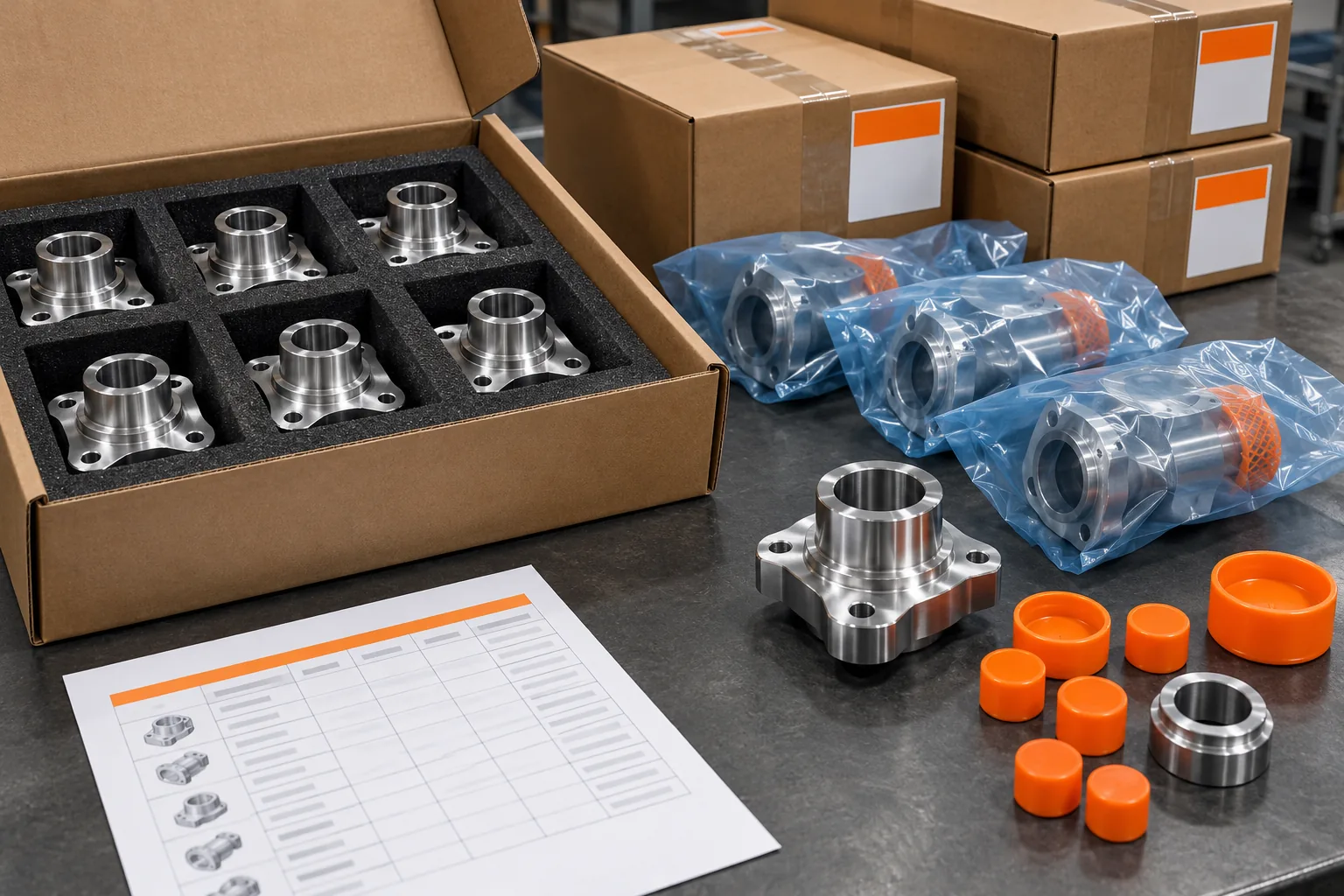 Technician inspecting precision machined parts at a quality desk
